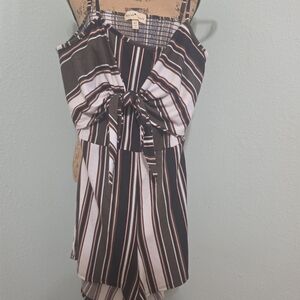Derek Heart Black, Green, White& Pink Striped Tie-Front Romper